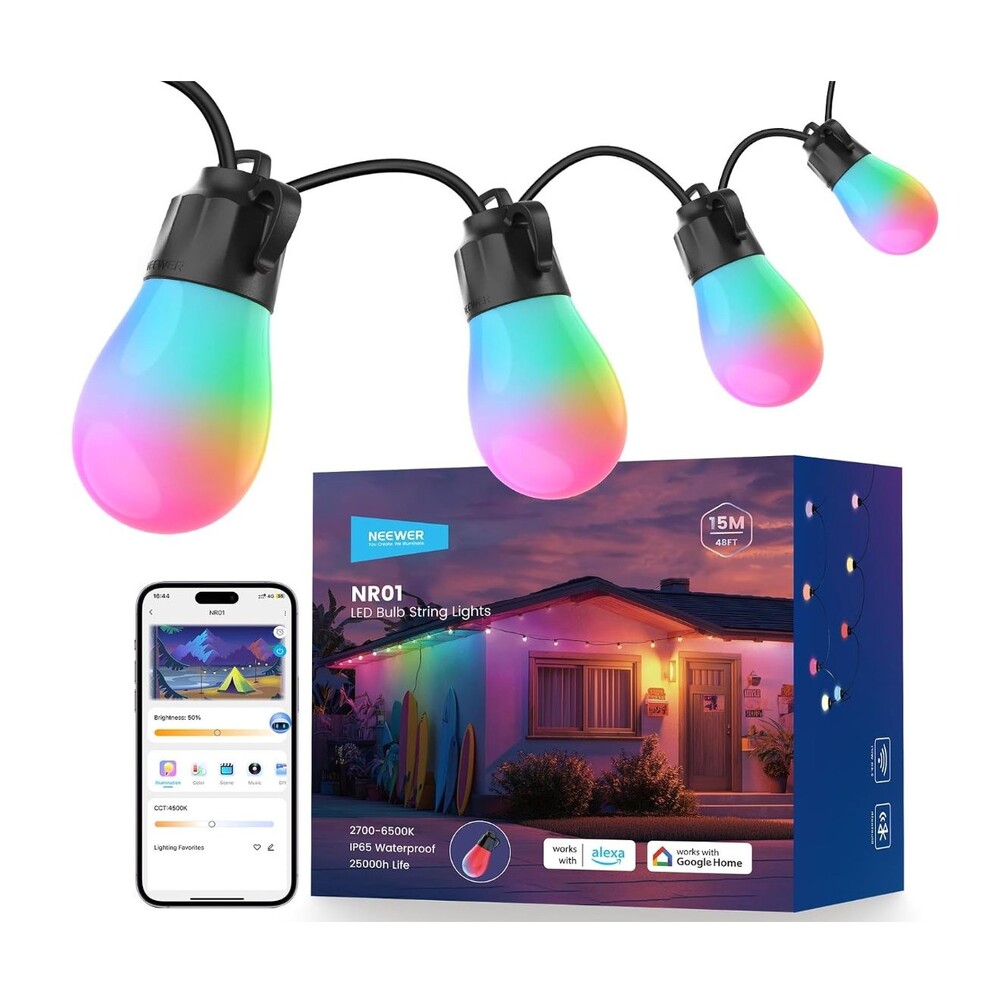 NEEWER NR01 48FT Outdoor String Lights RGBW 15 LED Smart Alexa Google NEW